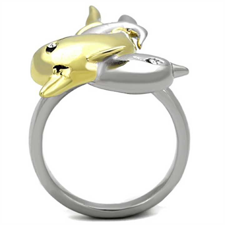 Womens Stainless Steel 316 Two Toned Plated Crystal Dolphin Fashion Ring Image 3