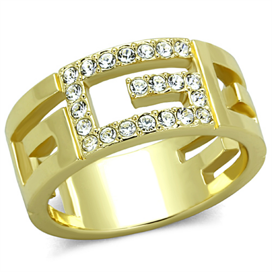 Womens Stainless Steel 316 Crystal 14K Gold Ion Plated Letter G Fashion Ring Image 1