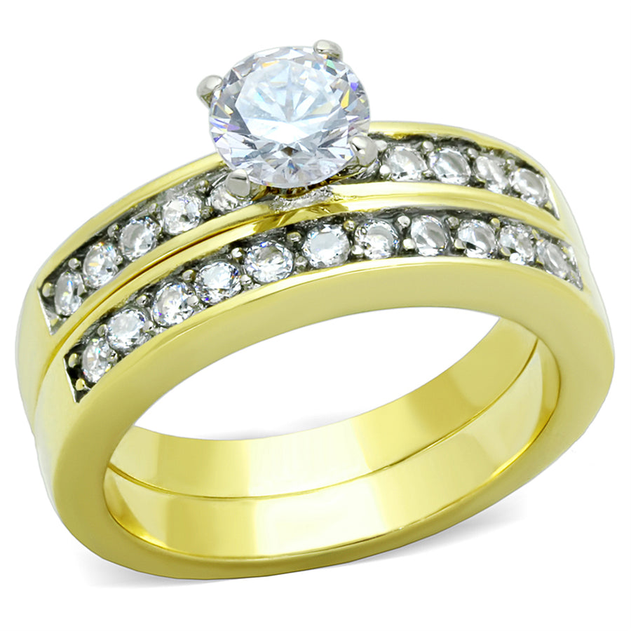 Womens Stainless Steel 316 Round Cut Zirconia Gold Plated Wedding Ring Set Image 1