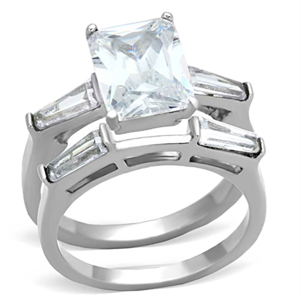 Womens Stainless Steel 316 Emerald Cut Zirconia Engagement Wedding Ring Set Image 1