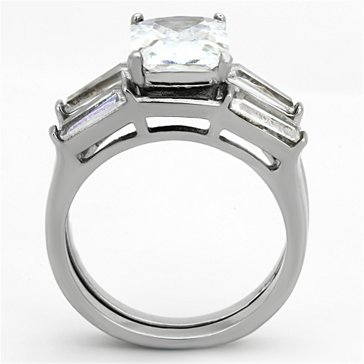 Womens Stainless Steel 316 Emerald Cut Zirconia Engagement Wedding Ring Set Image 3