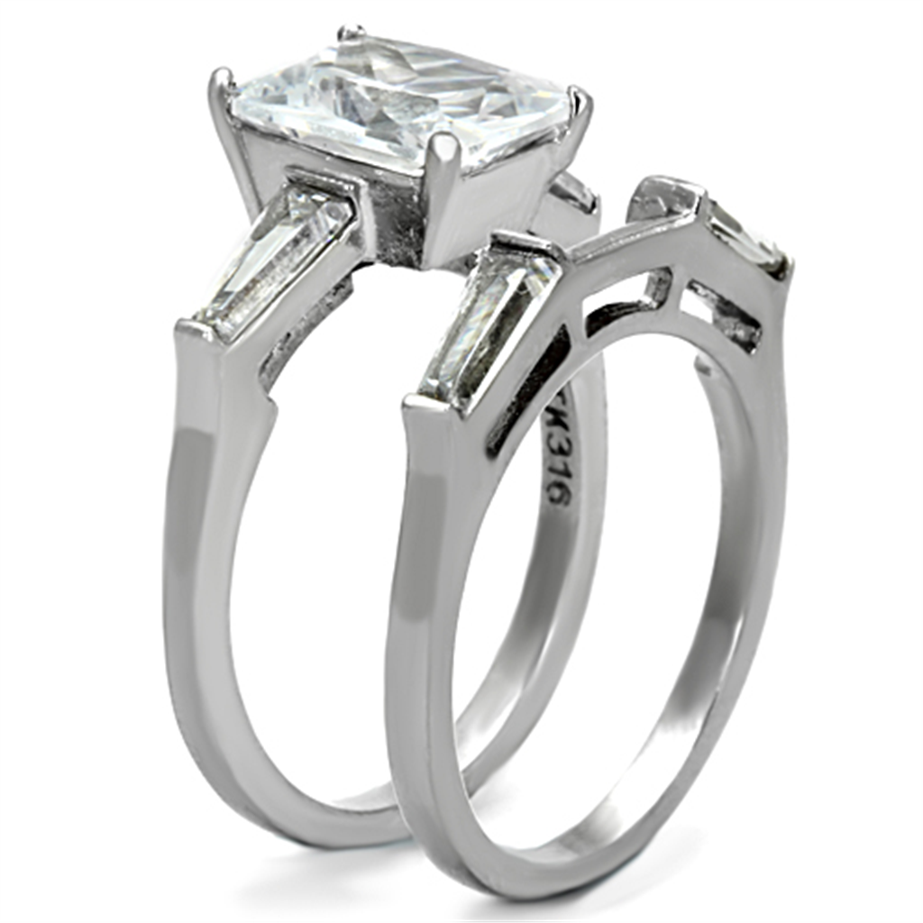 Womens Stainless Steel 316 Emerald Cut Zirconia Engagement Wedding Ring Set Image 4