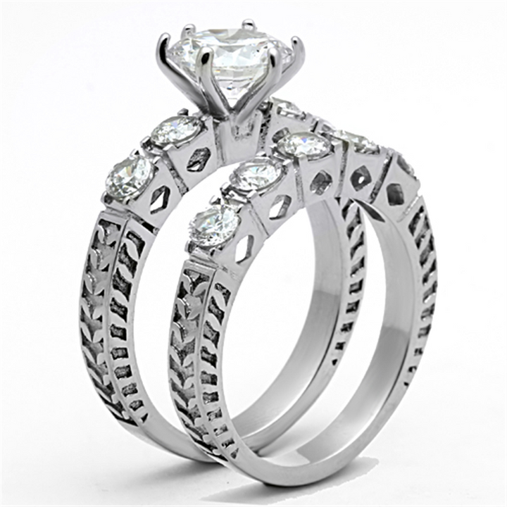 Womens Stainless Steel 316 Round 3.10 Ct Zirconia Engagement Wedding Ring Set Image 4
