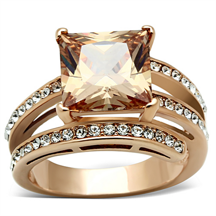 Women's Stainless Steel 316 Rose Gold Princess Cut Champagne Zirconia Cocktail Ring Image 1