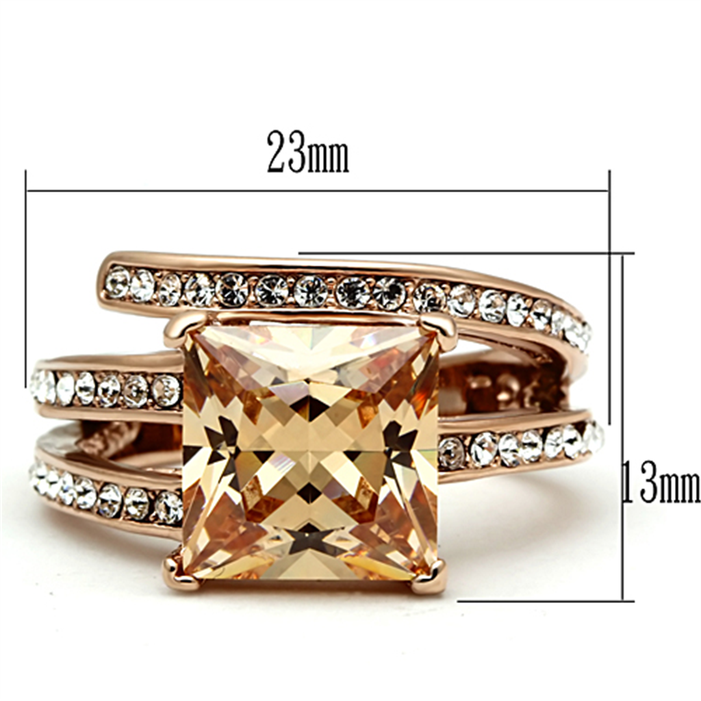 Women's Stainless Steel 316 Rose Gold Princess Cut Champagne Zirconia Cocktail Ring Image 2