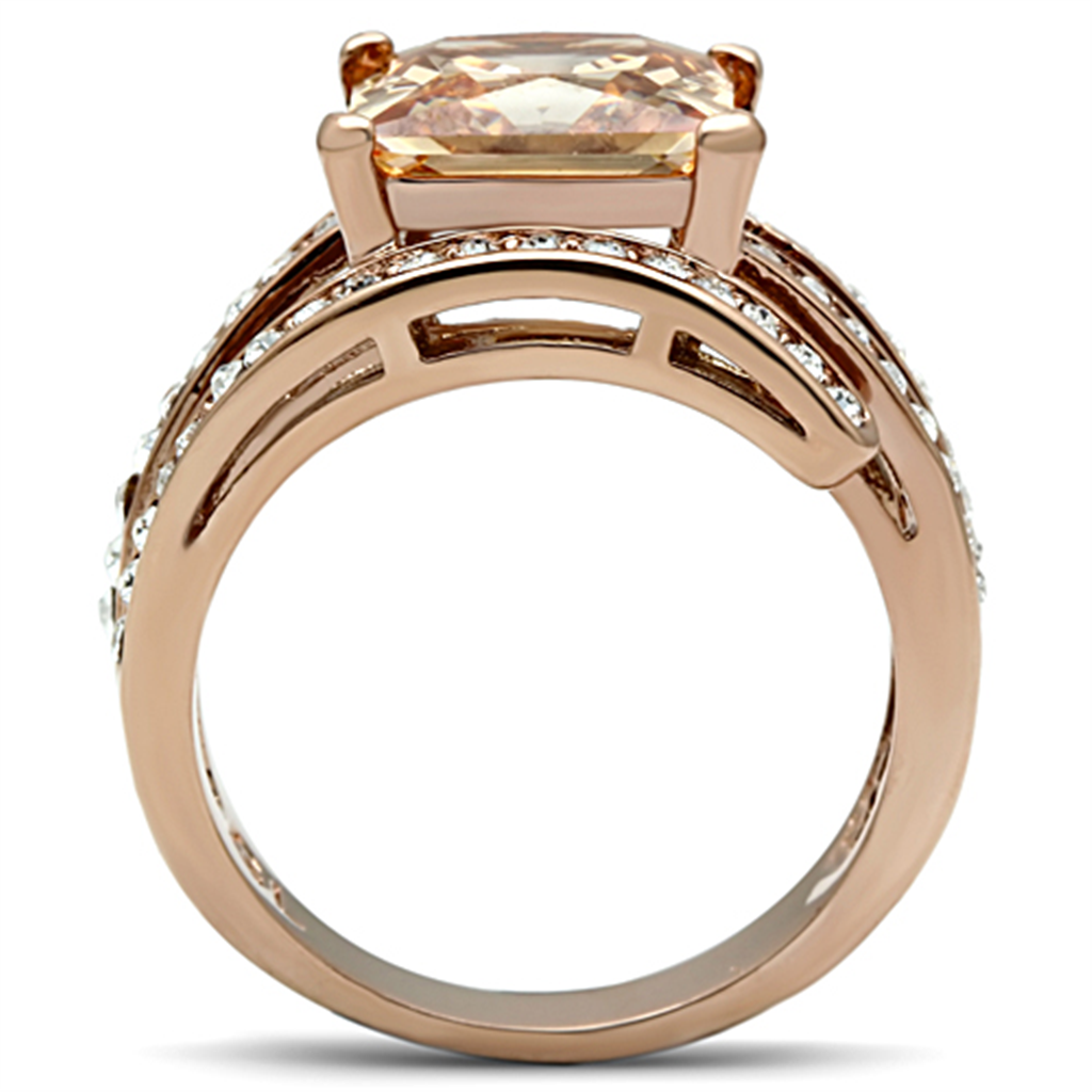 Women's Stainless Steel 316 Rose Gold Princess Cut Champagne Zirconia Cocktail Ring Image 3