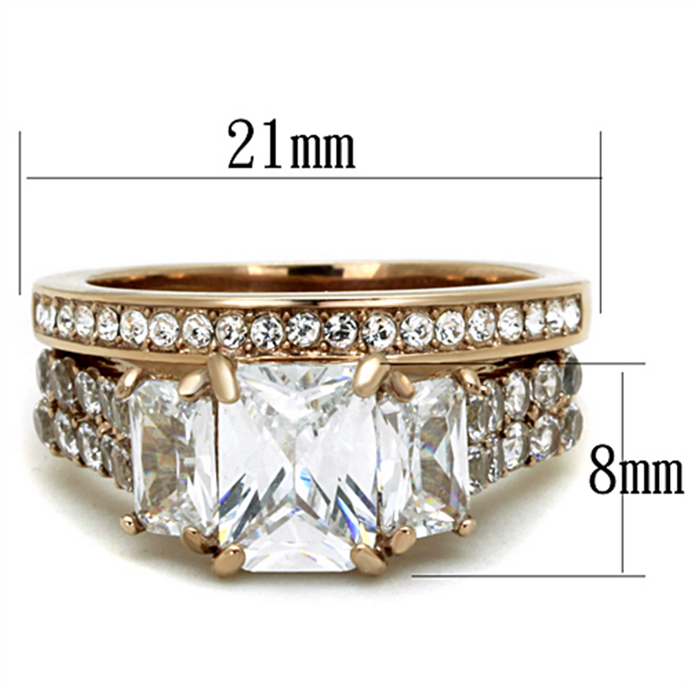 Womens Stainless Steel 316 Rose Gold Emerald Cut Zirconia Wedding Ring Set Image 2