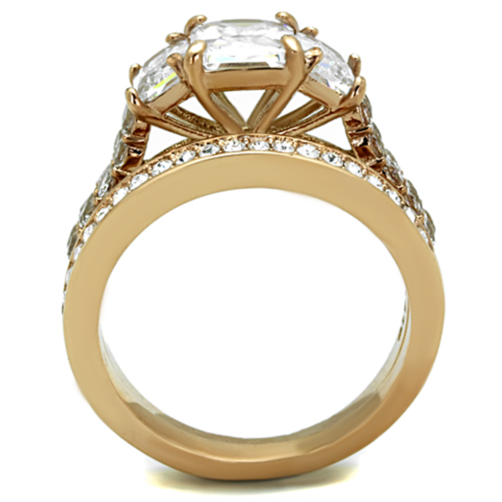 Womens Stainless Steel 316 Rose Gold Emerald Cut Zirconia Wedding Ring Set Image 3
