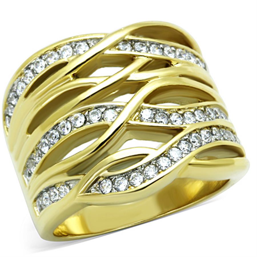 Womens Stainless Steel 316 Gold Plated Cubic Zirconia Wide Band Cocktail Ring Image 1