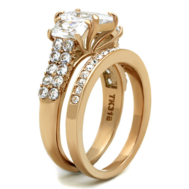 Womens Stainless Steel 316 Rose Gold Emerald Cut Zirconia Wedding Ring Set Image 4