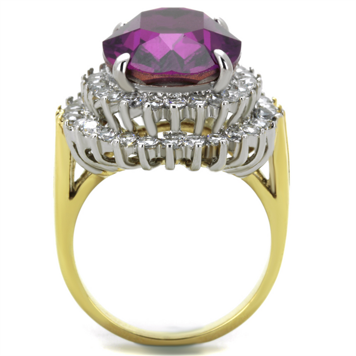 Womens Stainless Steel Two Toned Oval Amethyst Crystal Cocktail Fashion Ring Image 3