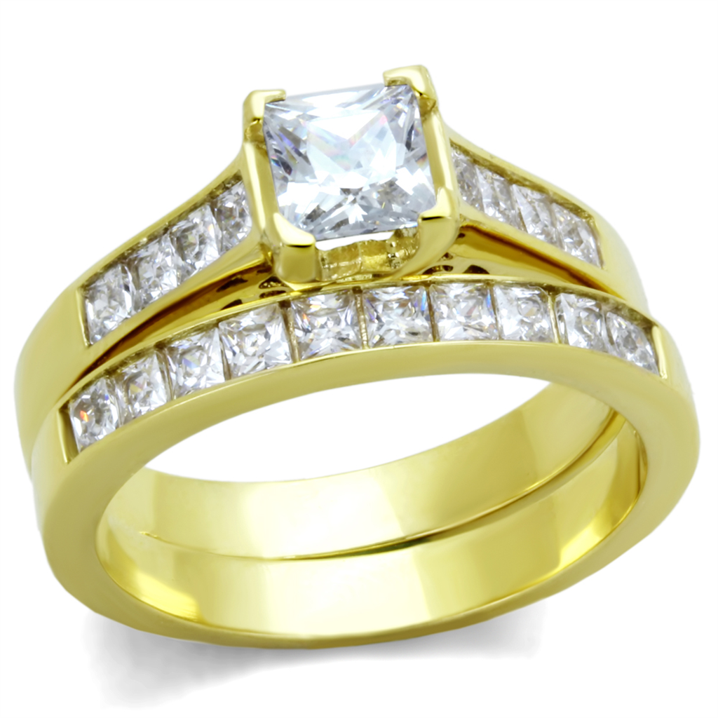 Womens Stainless Steel 316 Gold Plated Princess Cut Zirconia Wedding Ring Set Image 1