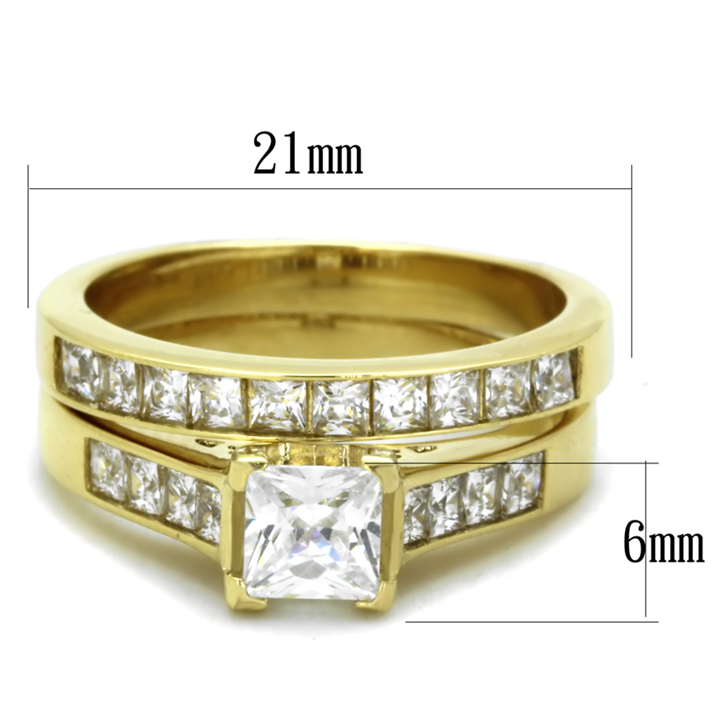 Womens Stainless Steel 316 Gold Plated Princess Cut Zirconia Wedding Ring Set Image 2
