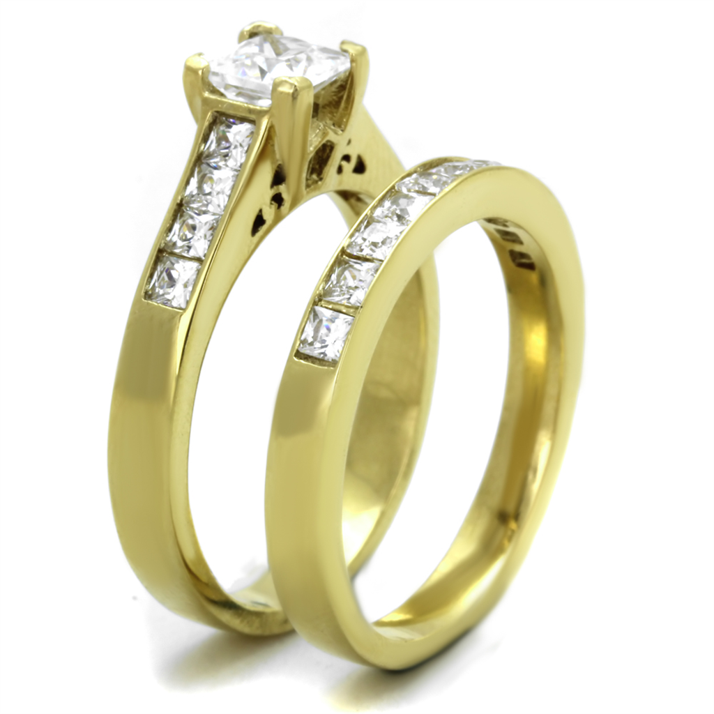 Womens Stainless Steel 316 Gold Plated Princess Cut Zirconia Wedding Ring Set Image 4