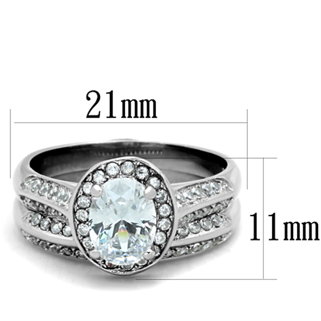 Womens Stainless Steel 316 Oval Cut Cubic Zirconia Halo Wedding Ring Set Image 2