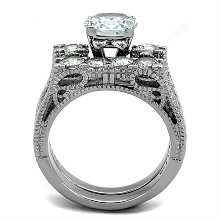 Womens Stainless Steel 316 Round Cut Cubic Zirconia Vintage Wedding Ring Set Image 3