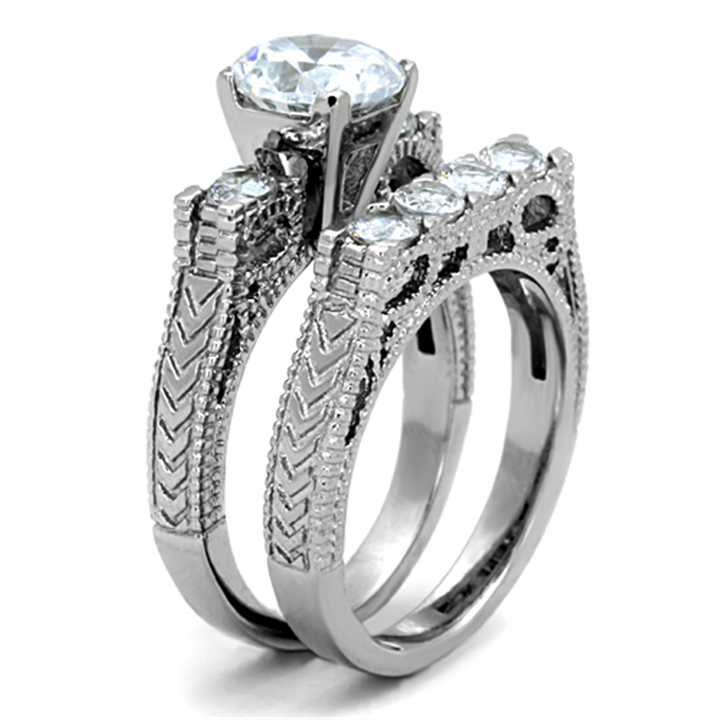 Womens Stainless Steel 316 Round Cut Cubic Zirconia Vintage Wedding Ring Set Image 4