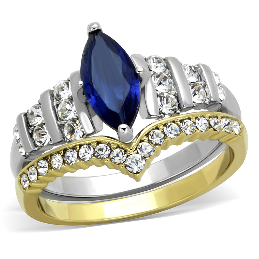 Two Toned Stainless Steel 316 Blue Marquise Glass 2Pc Wedding Ring Set Size 5-10 Image 1