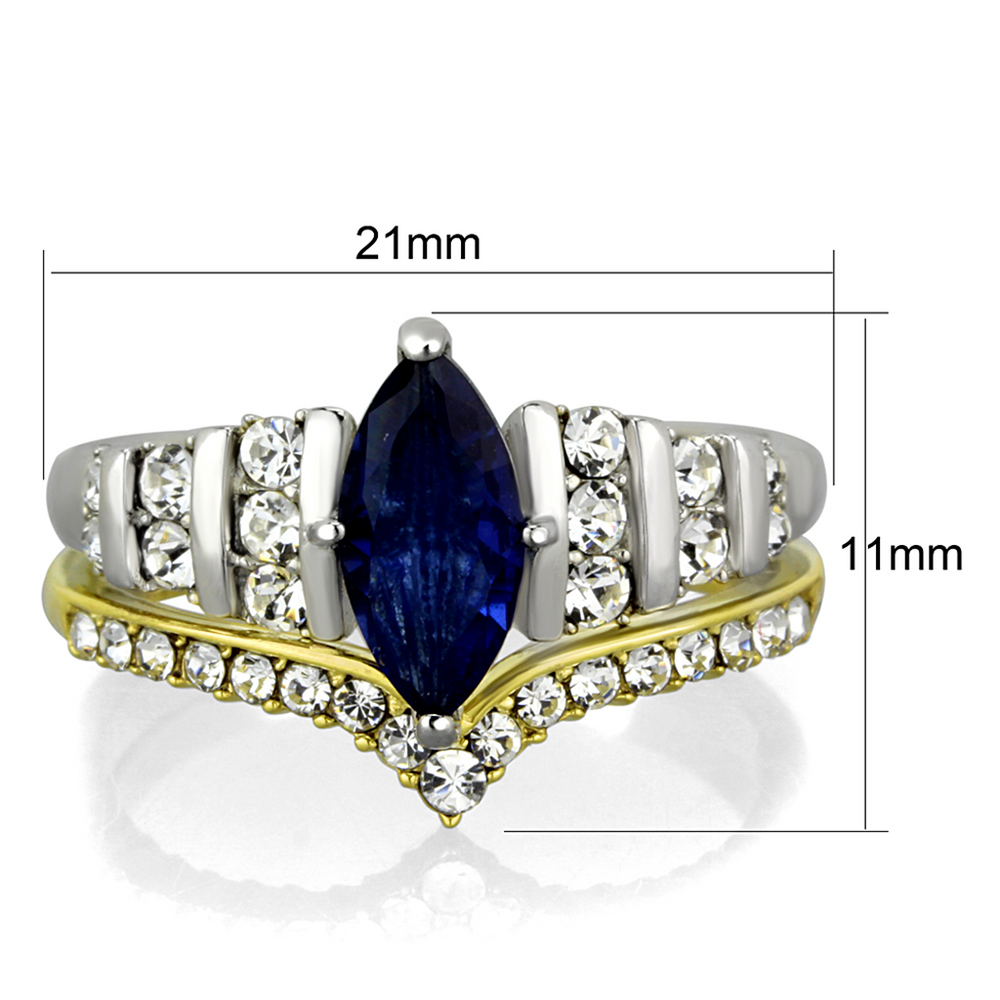 Two Toned Stainless Steel 316 Blue Marquise Glass 2Pc Wedding Ring Set Size 5-10 Image 2