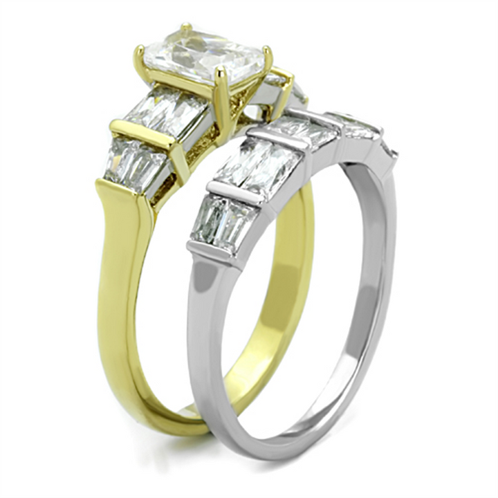 3.76 Ct Emerald Cut Cz Two Toned Ip Wedding Engagement Ring Set Womens Sz 5-10 Image 4