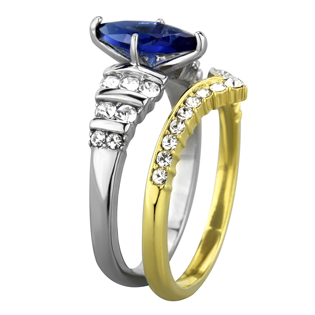 Two Toned Stainless Steel 316 Blue Marquise Glass 2Pc Wedding Ring Set Size 5-10 Image 4