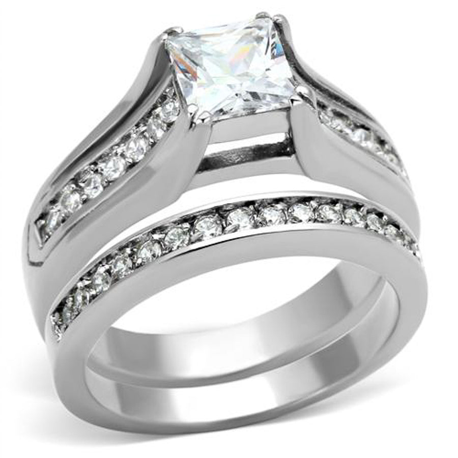Princess Cut Zirconia Stainless Steel 316L Wedding Ring Band Set Womnes Sz 5-11 Image 1