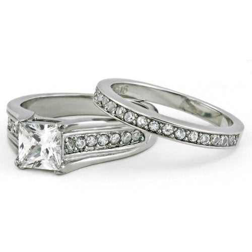 Princess Cut Zirconia Stainless Steel 316L Wedding Ring Band Set Womnes Sz 5-11 Image 2