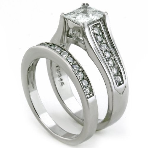 Princess Cut Zirconia Stainless Steel 316L Wedding Ring Band Set Womnes Sz 5-11 Image 3