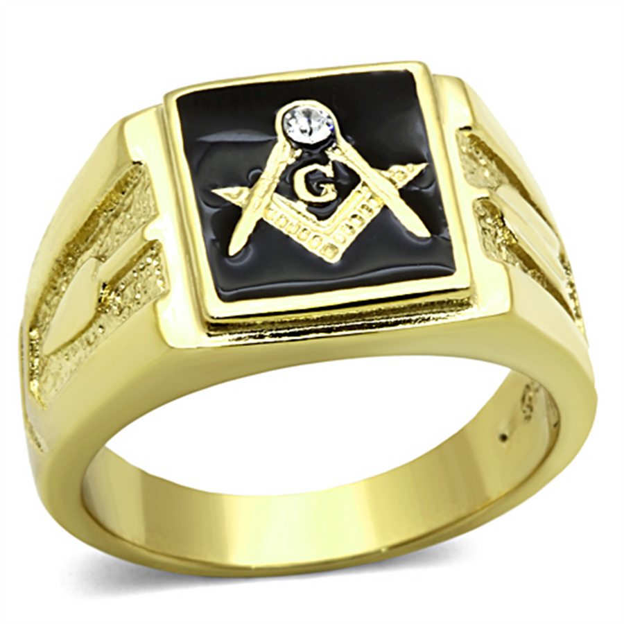 Mens Stainless Steel 14K Gold Ion Plated Crystal Masonic Lodge Freemason Ring Size 8-13 Image 1