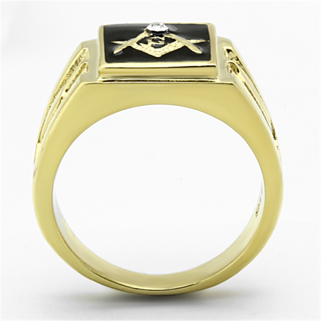 Mens Stainless Steel 14K Gold Ion Plated Crystal Masonic Lodge Freemason Ring Size 8-13 Image 3