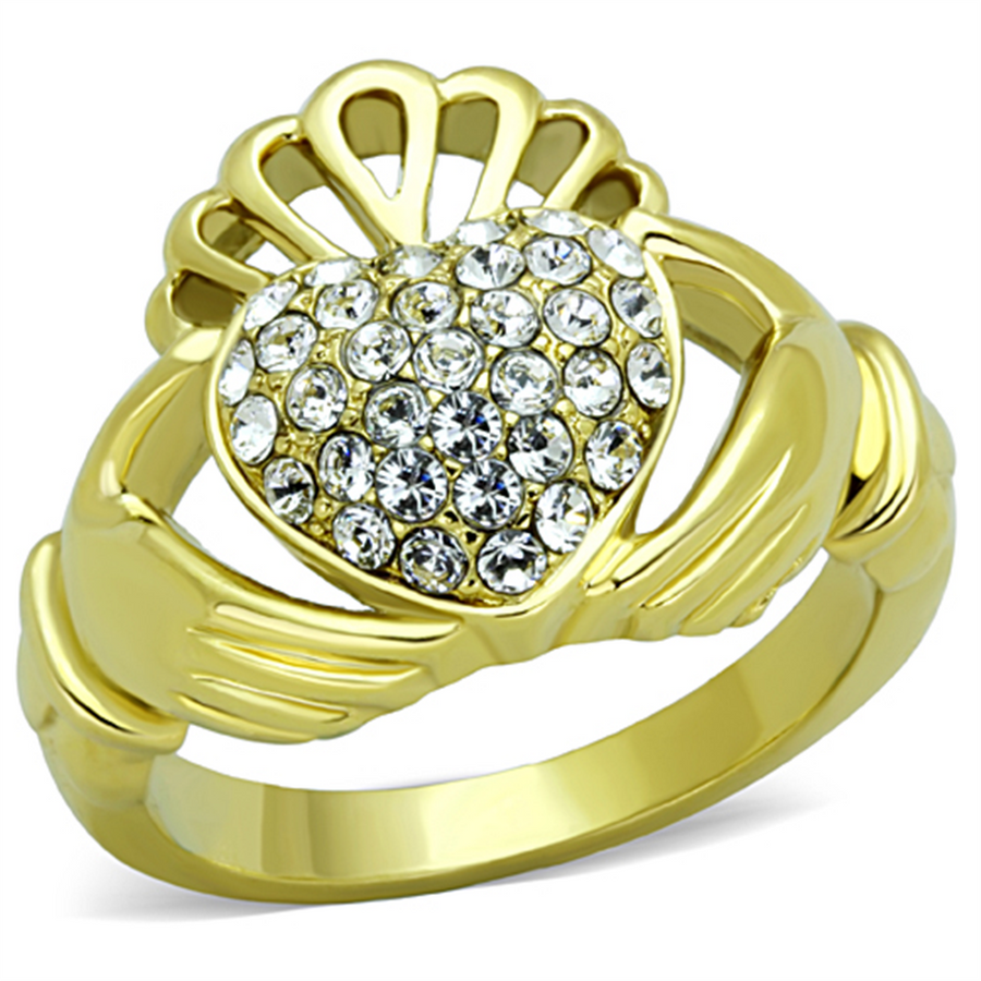 1.02 Ct Crystal 14K Gold Plated Stainless Steel Irish Claddagh Ring Women's Size 5-10 Image 1