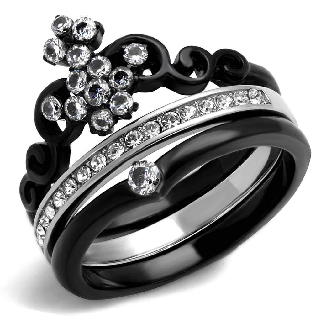 Womens Black Ion Plated Stainless Steel Cubic Zirconia Crown Wedding Ring Band Set Size 5-10 Image 1