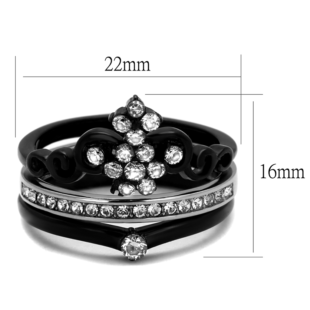 Womens Black Ion Plated Stainless Steel Cubic Zirconia Crown Wedding Ring Band Set Size 5-10 Image 2