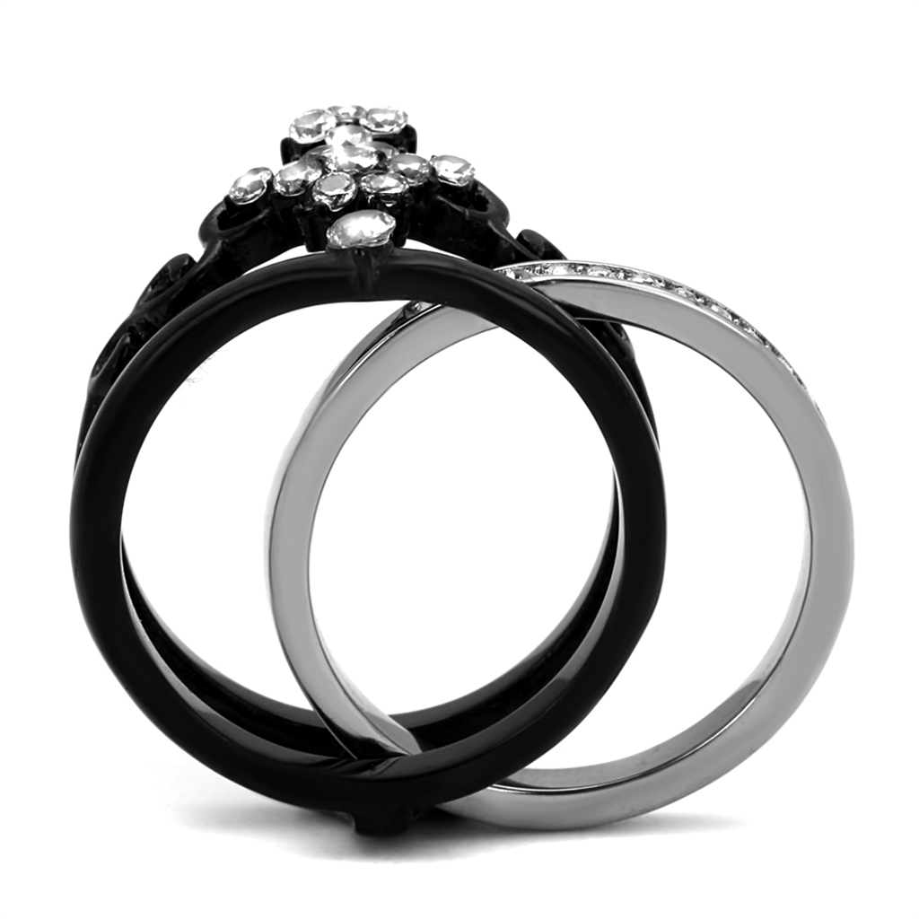 Womens Black Ion Plated Stainless Steel Cubic Zirconia Crown Wedding Ring Band Set Size 5-10 Image 3