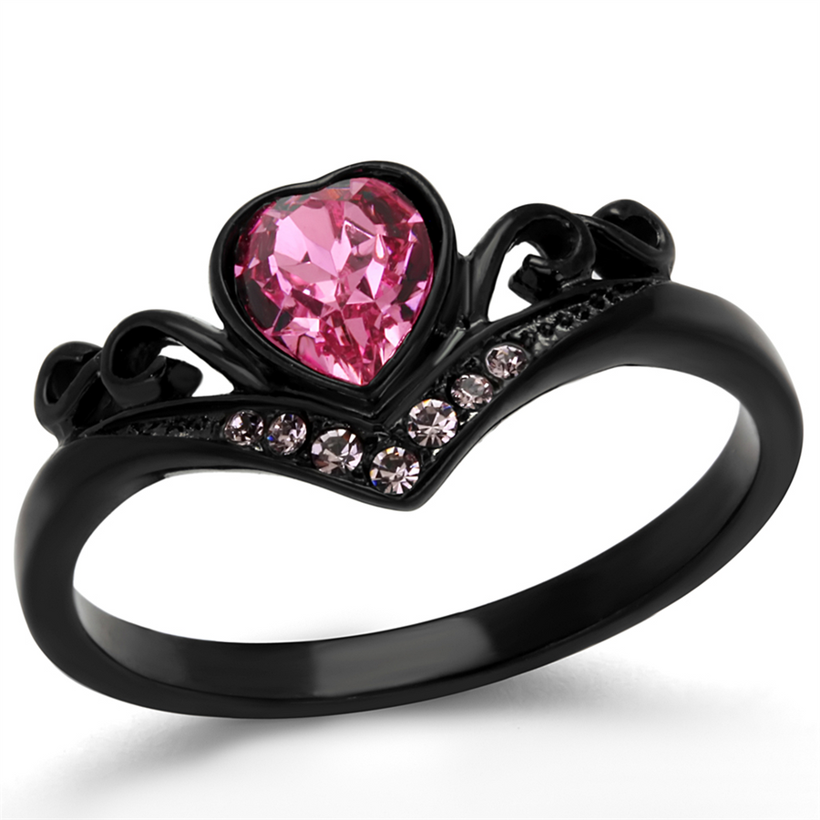 Womens Round Cut Pink Zirconia Black Stainless Steel Heart Fashion Ring Size 5-10 Image 1
