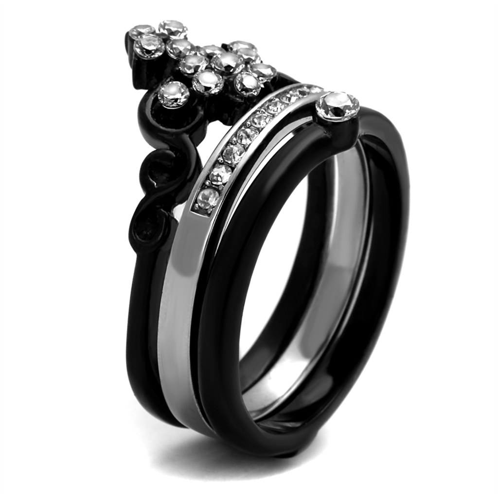 Womens Black Ion Plated Stainless Steel Cubic Zirconia Crown Wedding Ring Band Set Size 5-10 Image 4