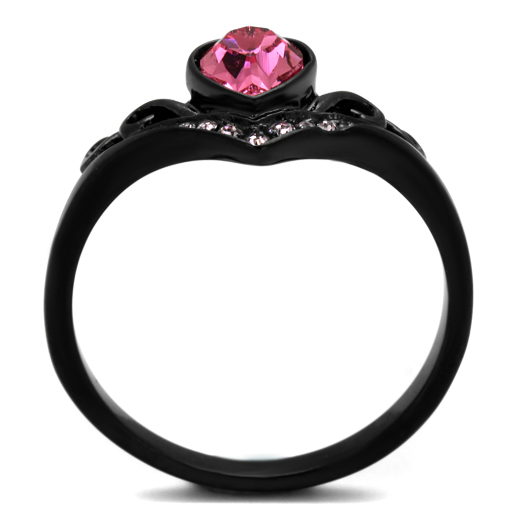 Womens Round Cut Pink Zirconia Black Stainless Steel Heart Fashion Ring Size 5-10 Image 3