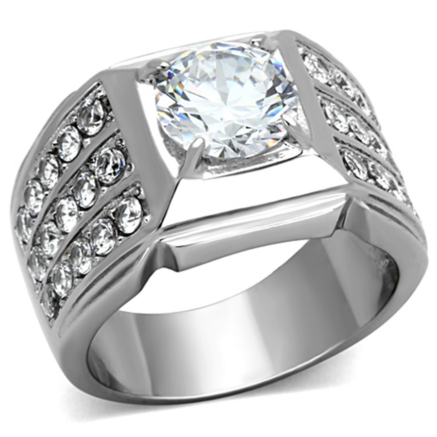 Mens 2.94 Ct Round Cut Simulated Diamond Silver Stainless Steel Ring Sizes 8-13 Image 1