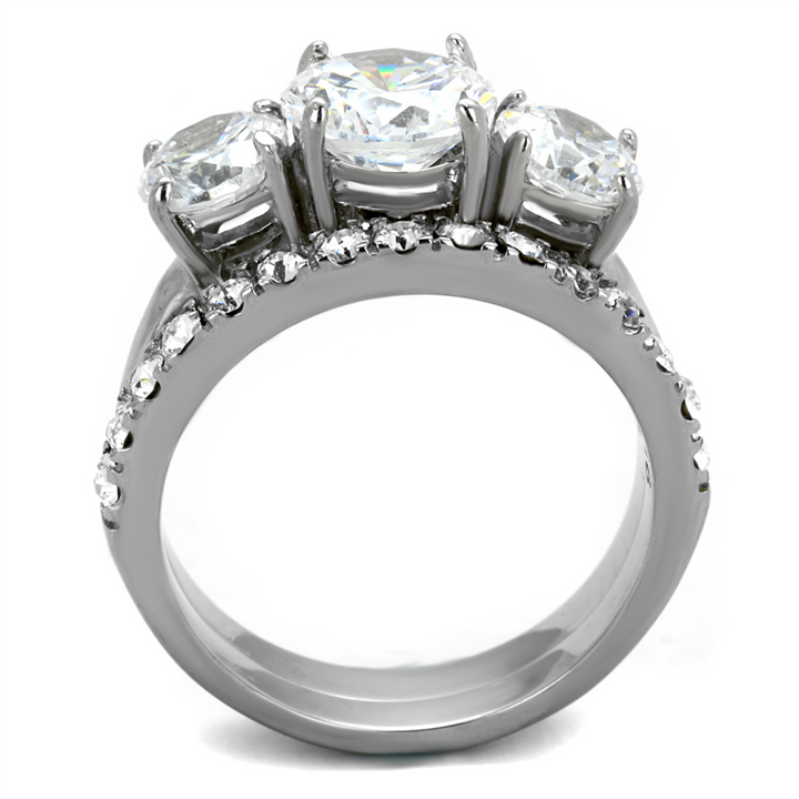 4.17Ct Round Cut 3 Stone Stainless Steel Engagement and Wedding Ring Set Size 5-10 Image 3