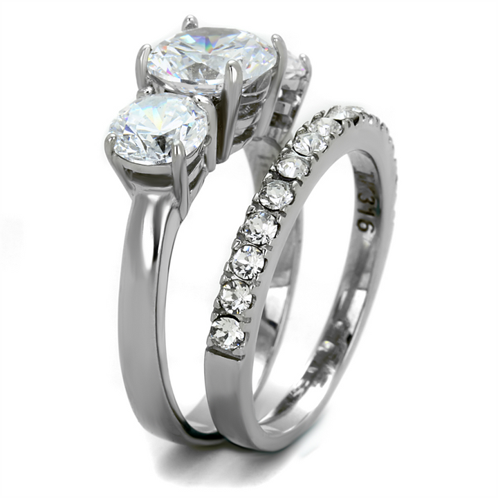 4.17Ct Round Cut 3 Stone Stainless Steel Engagement and Wedding Ring Set Size 5-10 Image 4