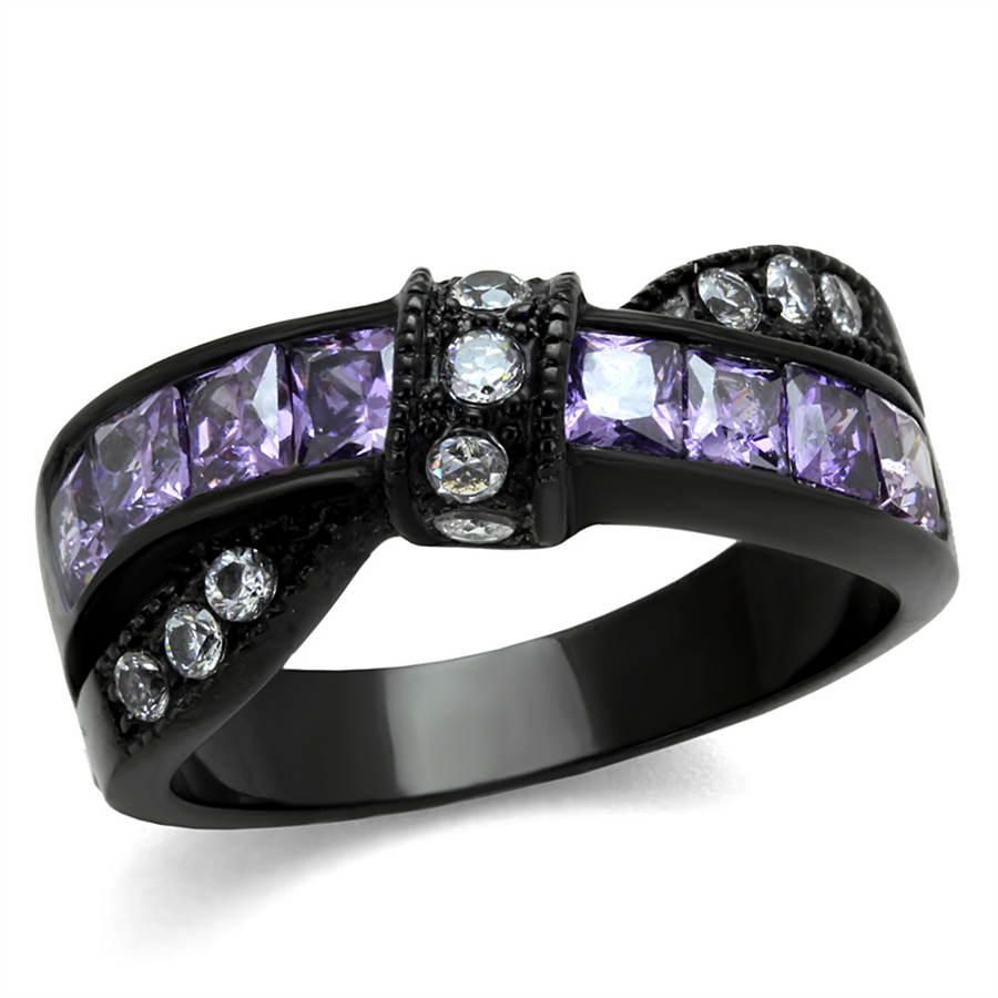 1.75 Ct Amethyst and Clear Zirconia Black Stainless Steel Fashion Ring Size 5-10 Image 1