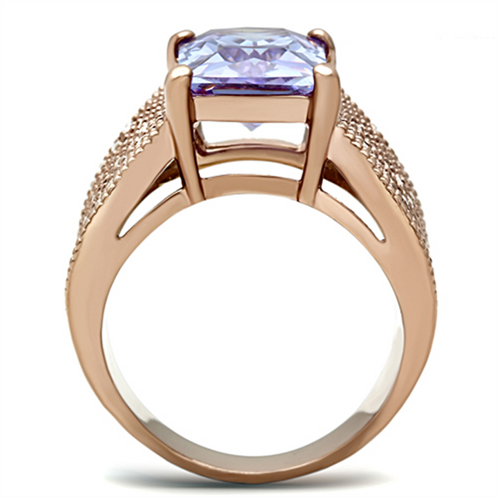 Womens Light Amethyst Emerald Cut Cz Stainless Steel Rose Gold Plated Ring 5-1 0 Image 3