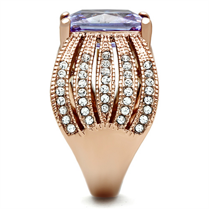 Womens Light Amethyst Emerald Cut Cz Stainless Steel Rose Gold Plated Ring 5-1 0 Image 4