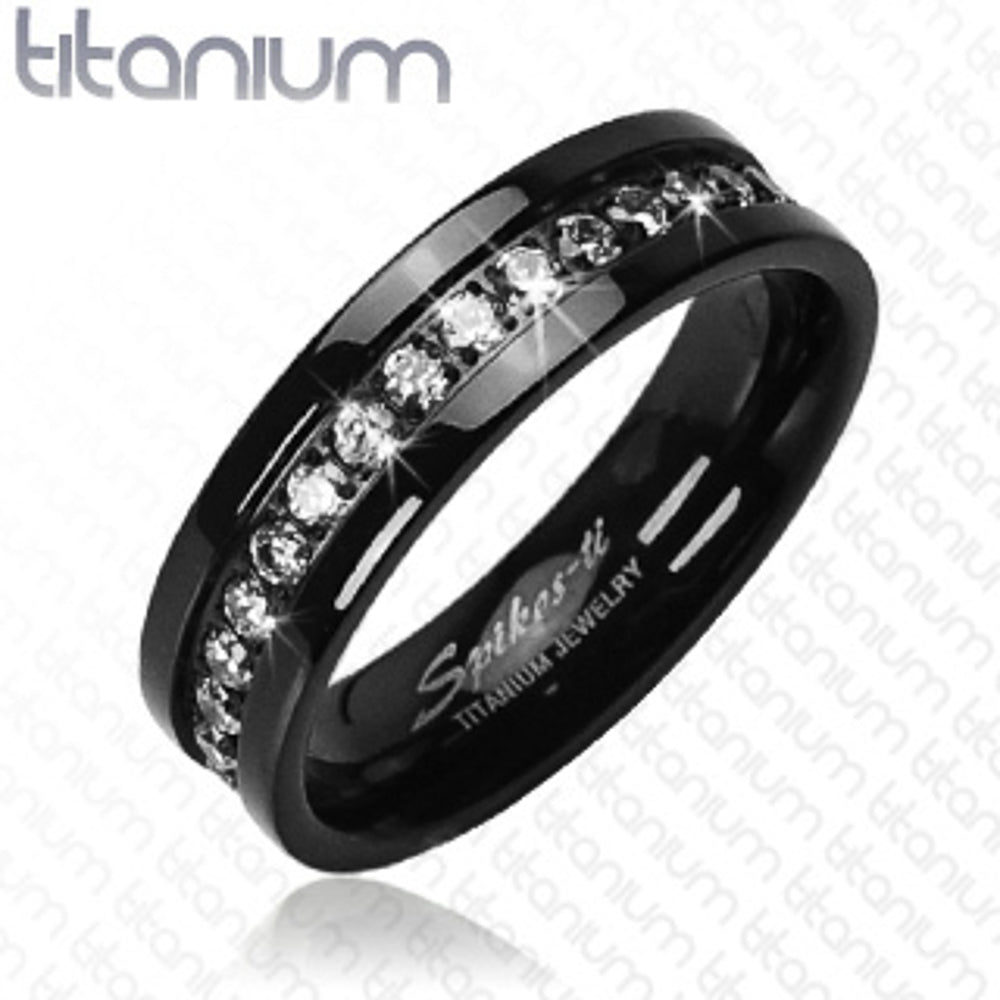 Solid Titanium Black Plated Round Cubic Zirconia Unisex Band Eternity Wedding Ring Image 1