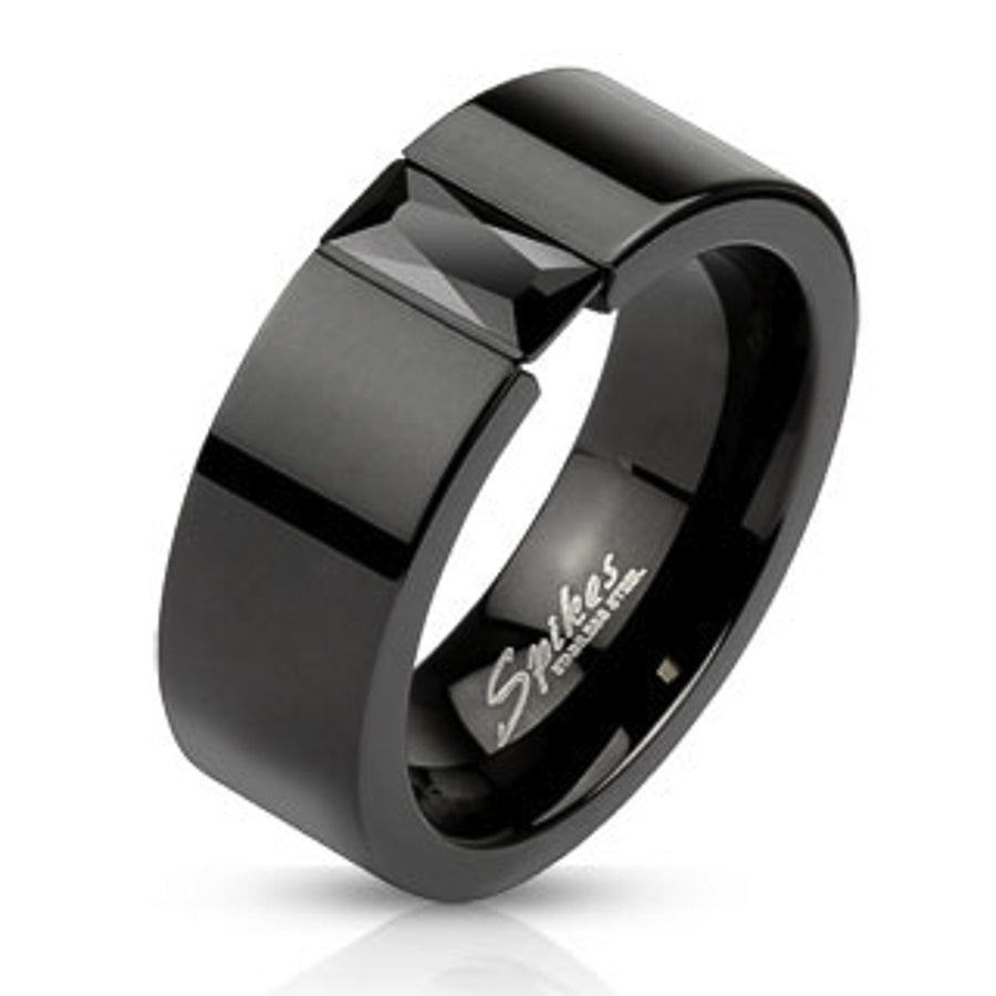 Stainless Steel Princess Cut Cz Black Ip Wedding Ring Band Unisex Size 5-14 Image 1