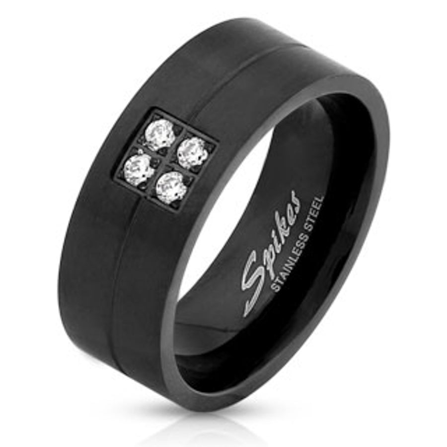 Mens Brushed Black Ip Stainless Steel Faux Diamond Wedding Band Ring Size 9-13 Image 1