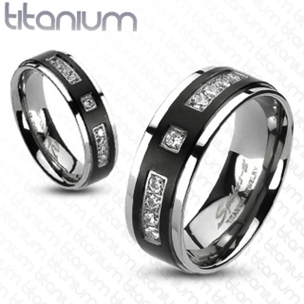 Solid Titanium Two-Tone Black Ip Center Simulated Diamond Wedding Band Size 5-13 Image 1