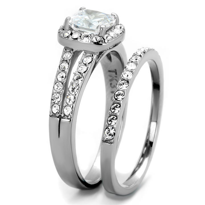 1.8 Ct Halo Princess Cut Cz Stainless Steel Wedding Ring Set Womens Size 5-10 Image 4