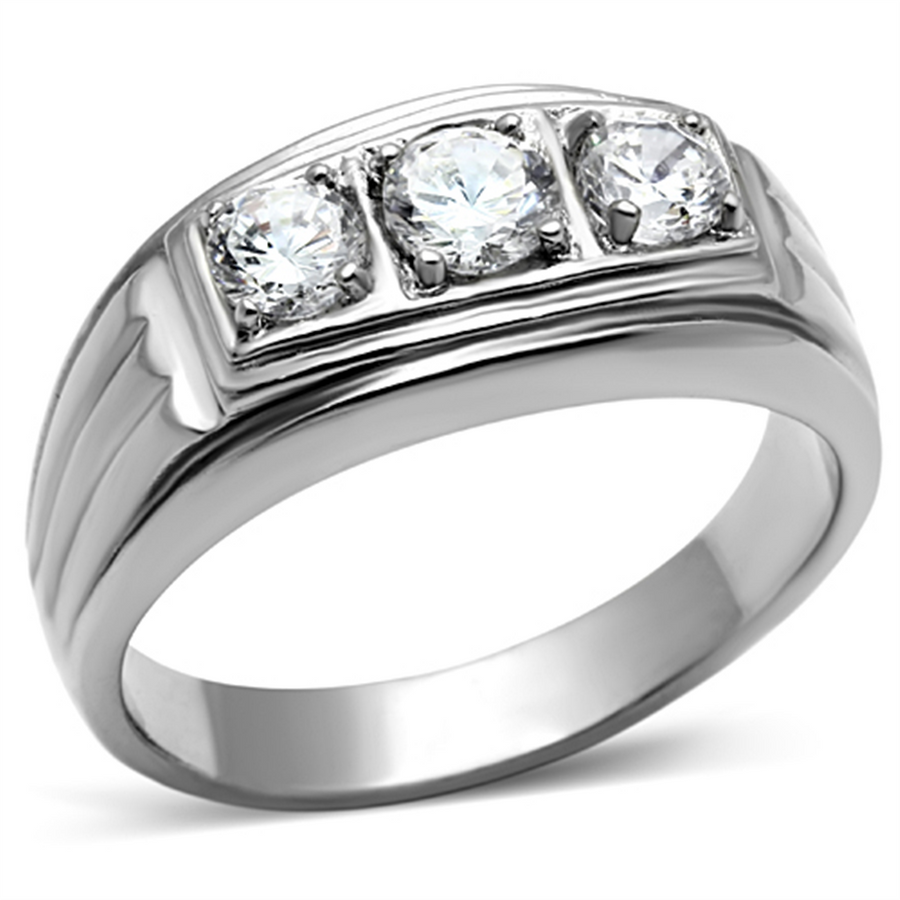Mens Round Cut Simulated Diamond Silver Stainless Steel 316 Ring Sizes 8-13 Image 1