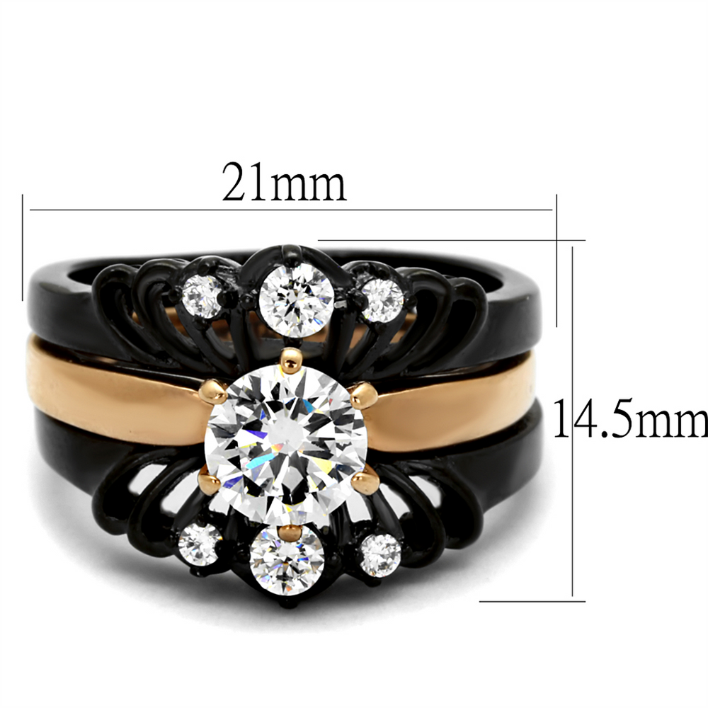 Womens Rose Gold and Black Stainless Steel Aaa Cz Wedding Ring Band Set Size 5-10 Image 2
